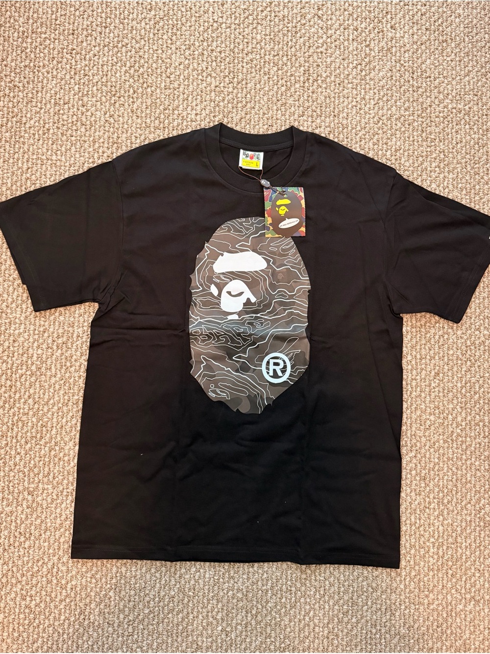 Bape Black Tee with Grey Camo Ape Head Graphic